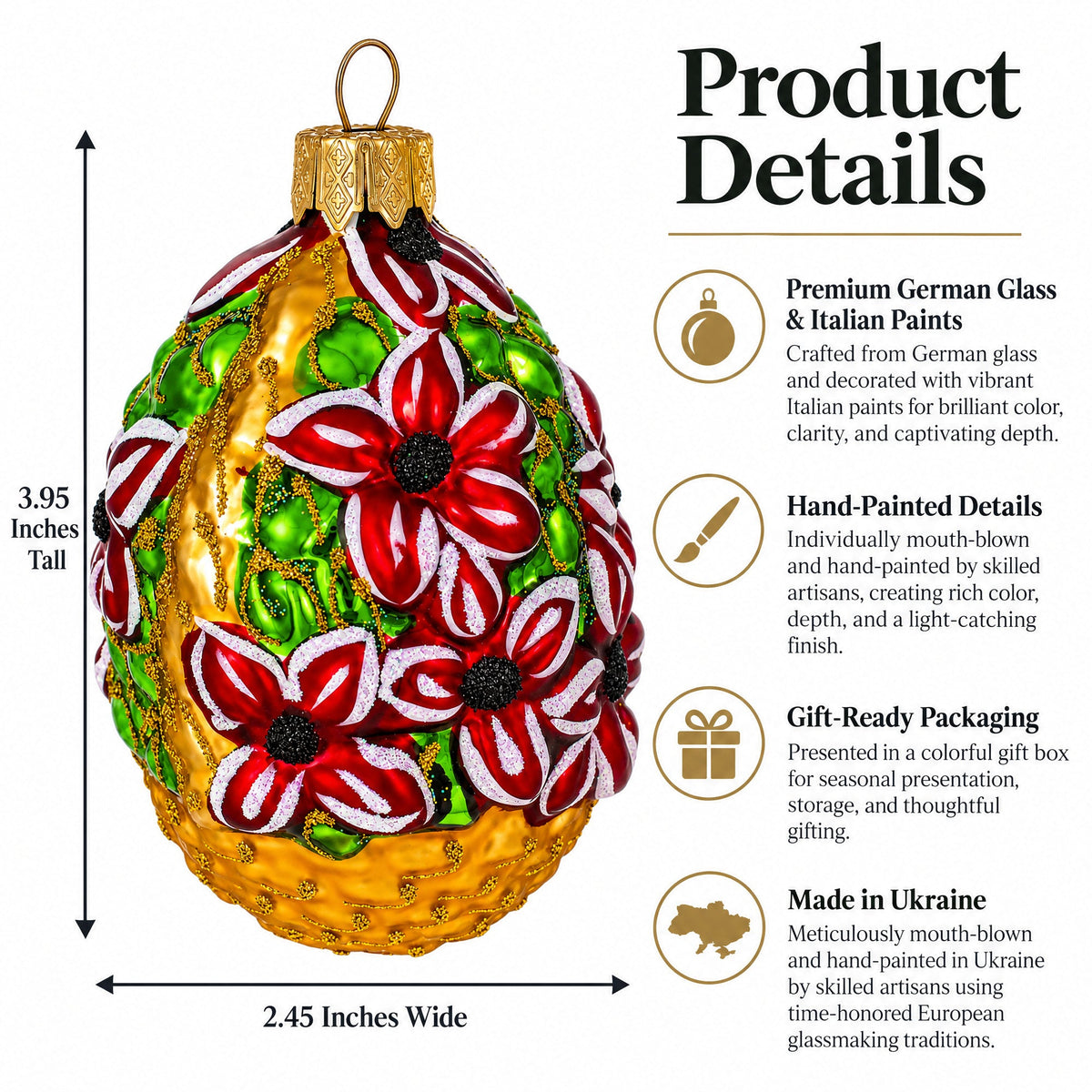 Red Flowers Bouquet Basket Glass Christmas Ornament