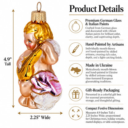 Cherub Angel Musician Playing Golden Mandolin Glass Christmas Ornament