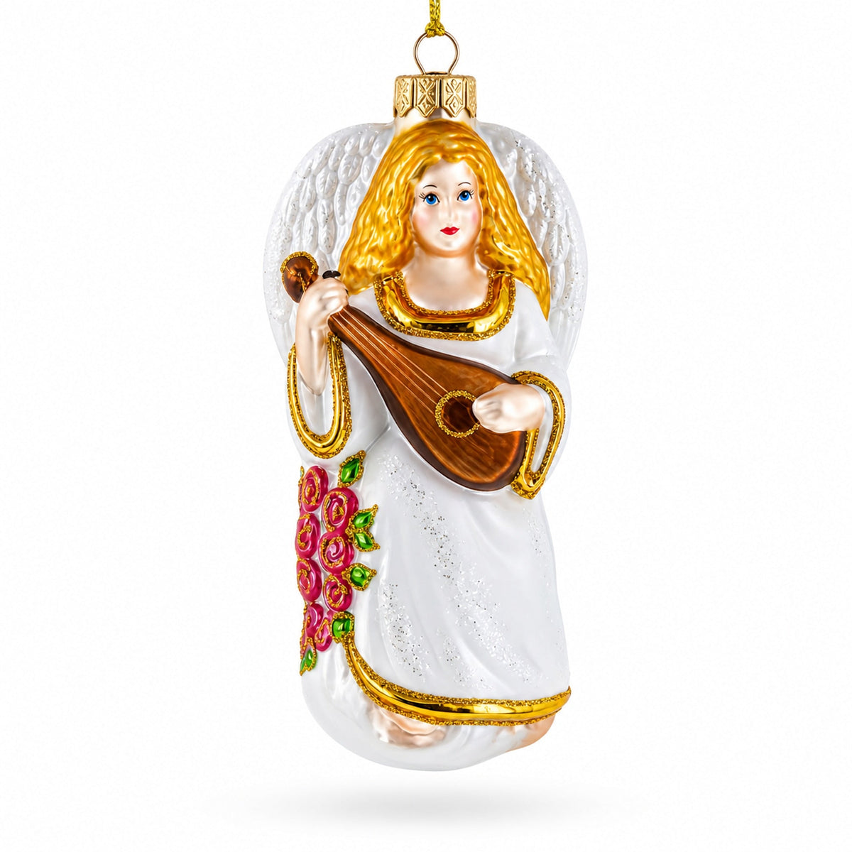 Guardian Angel Playing Mandolin Glass Christmas Ornament