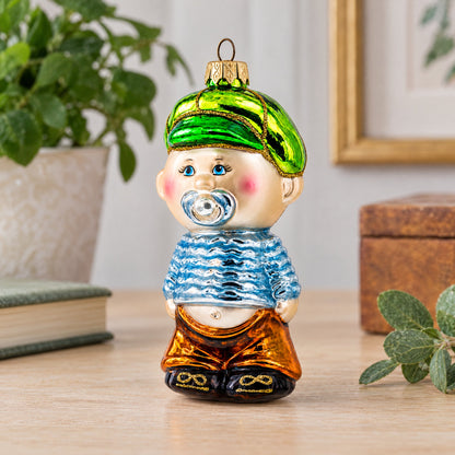 Toddler Boy With Pacifier Glass Christmas Ornament