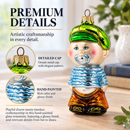 Toddler Boy With Pacifier Glass Christmas Ornament