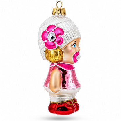 Toddler Girl With Pacifier Glass Christmas Ornament