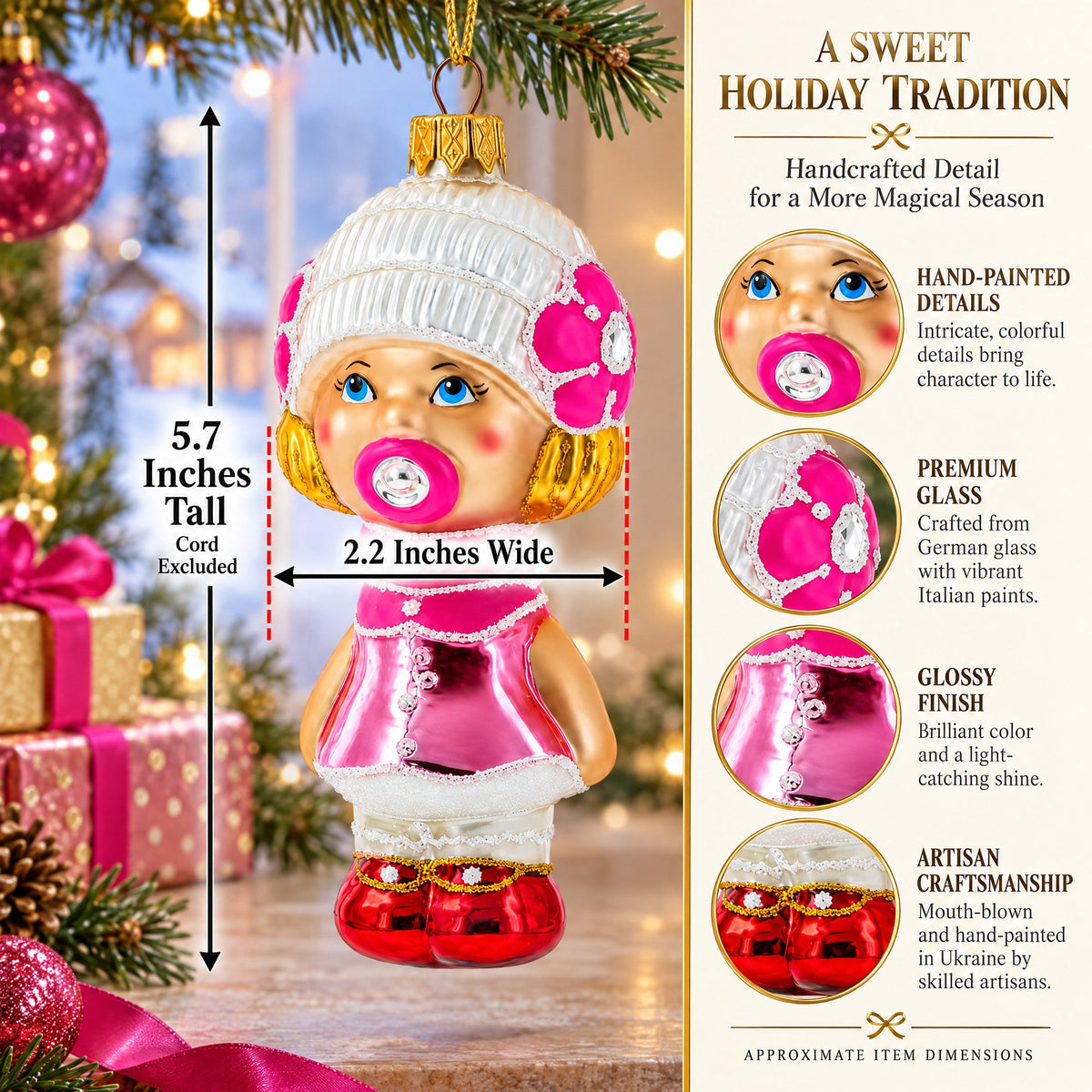 Toddler Girl With Pacifier Glass Christmas Ornament