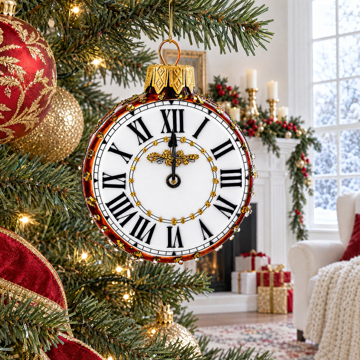Watch with White Dial Glass Ornament Hanging Christmas Tree Decoration 3.2 Inches