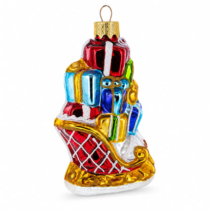 Santa’s Sleigh Full of Gifts Glass Christmas Ornament