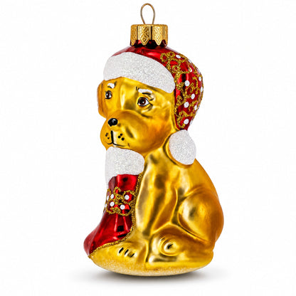 Puppy in Santa Hat with Stocking Glass Christmas Ornament