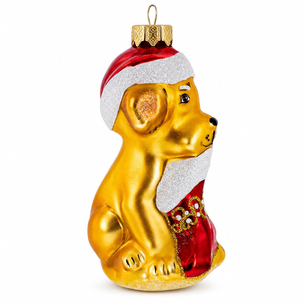 Puppy in Santa Hat with Stocking Glass Christmas Ornament