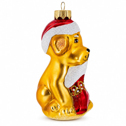 Puppy in Santa Hat with Stocking Glass Christmas Ornament