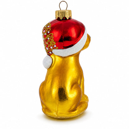 Puppy in Santa Hat with Stocking Glass Christmas Ornament