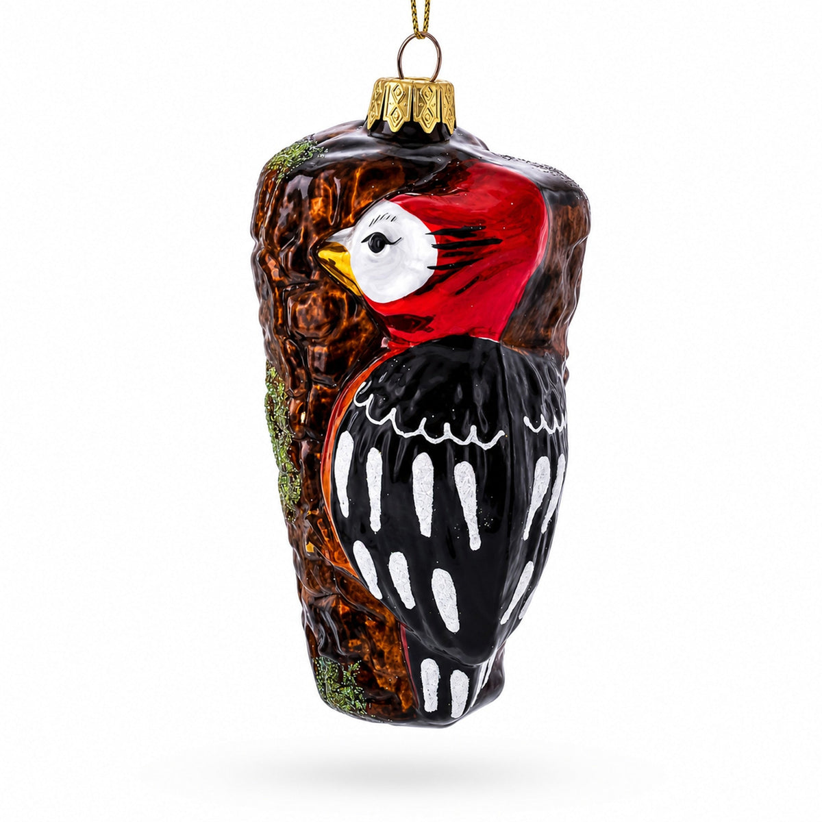 Red Headed Woodpecker Perched On Bark Glass Christmas Ornament