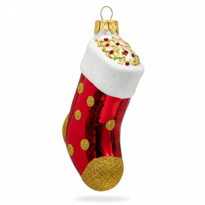 Golden Polka Dot Stocking Glass Christmas Ornament