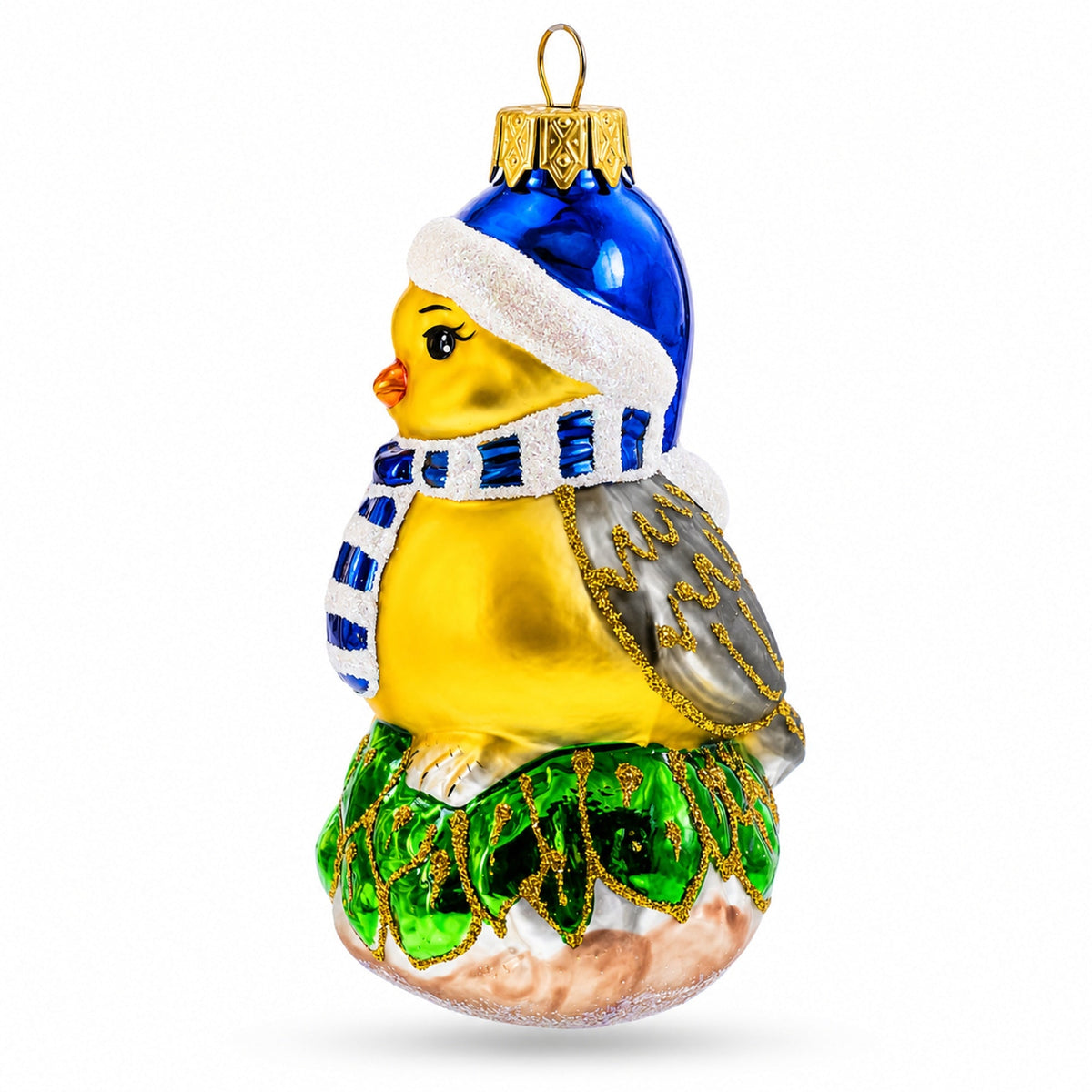 Yellow Chick With Blue Hat And Striped Scarf Glass Christmas Ornament