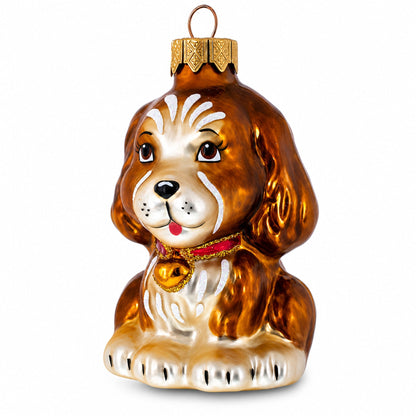 Spaniel with Heart on Collar Glass Christmas Ornament