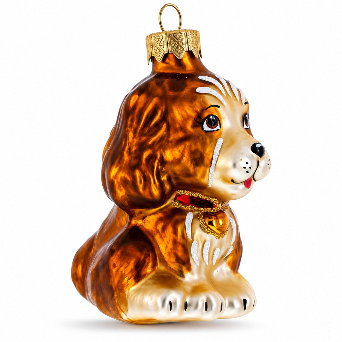 Spaniel with Heart on Collar Glass Christmas Ornament