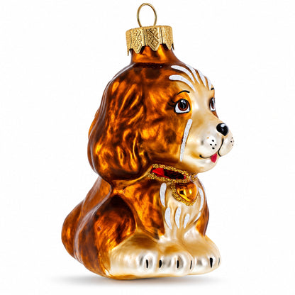 Spaniel with Heart on Collar Glass Christmas Ornament