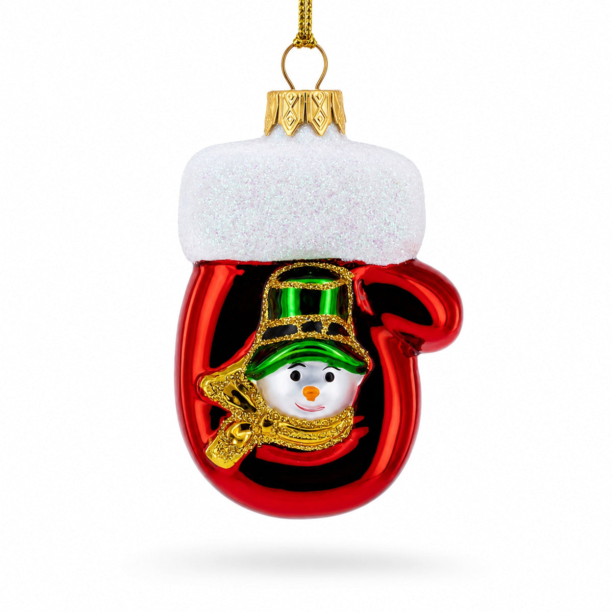 Red Mitten with Snowman Glass Christmas Ornament