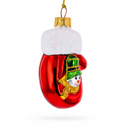 Red Mitten with Snowman Glass Christmas Ornament