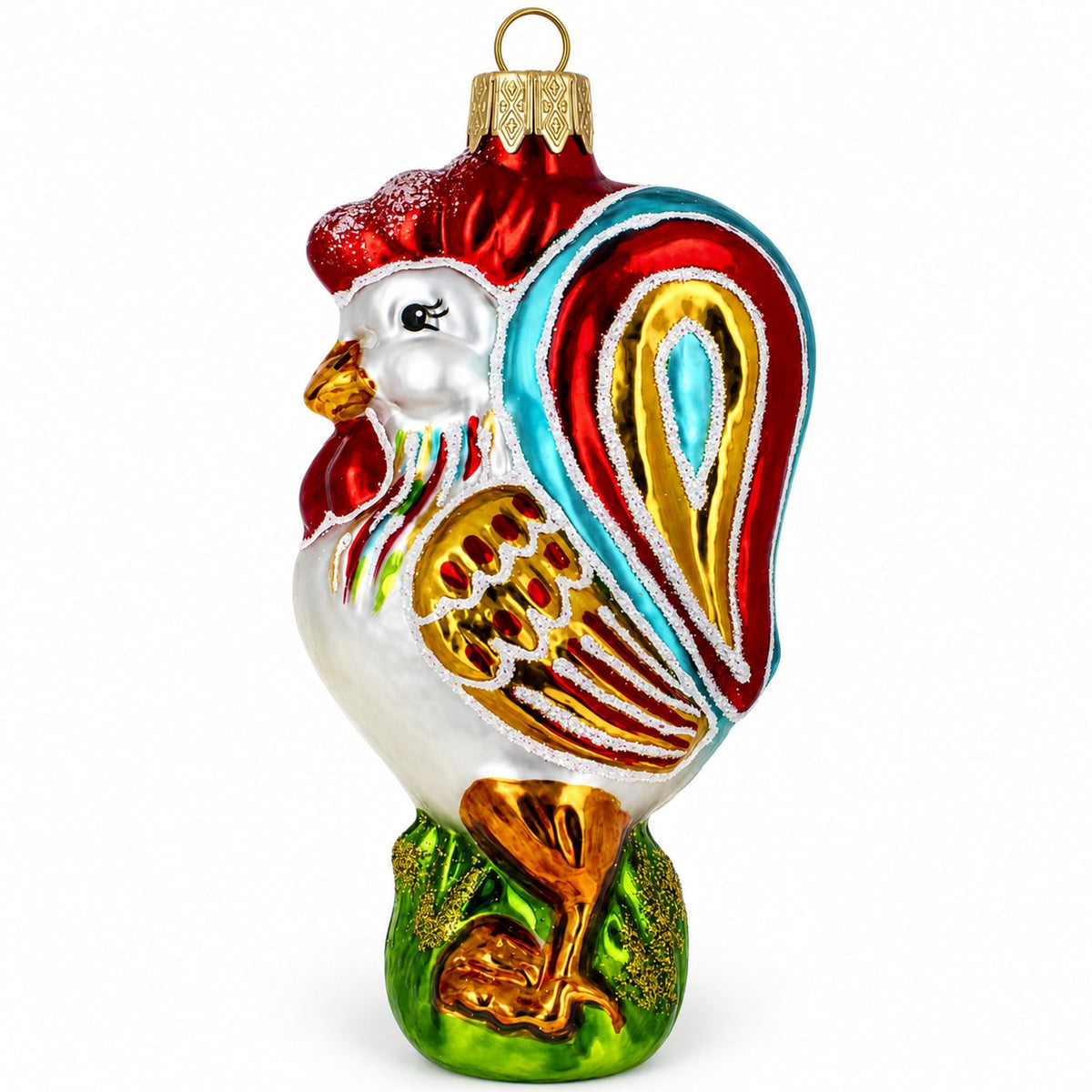 Colorful Rooster Glass Christmas Ornament
