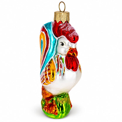 Colorful Rooster Glass Christmas Ornament