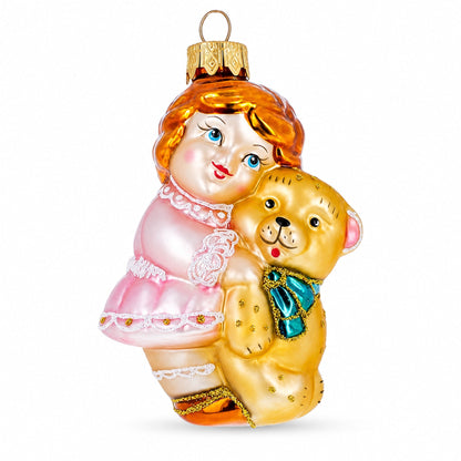 Girl Hugging Teddy Bear Glass Christmas Ornament