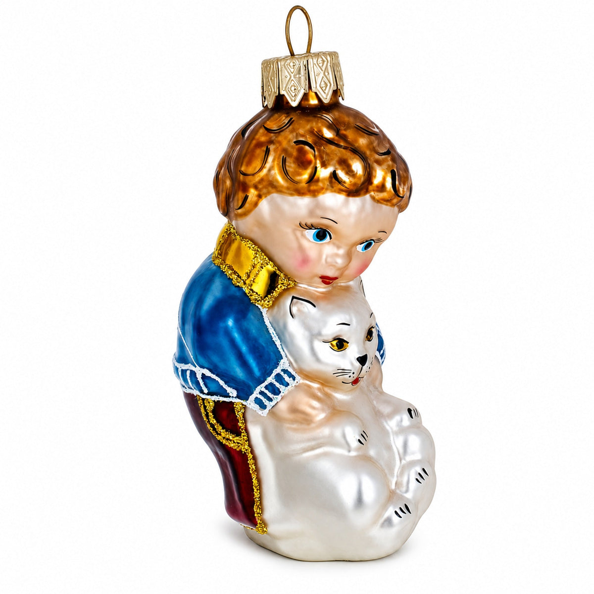 Boy Hugging White Cat Glass Christmas Ornament
