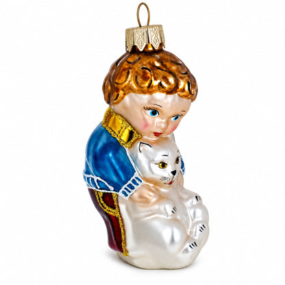 Boy Hugging White Cat Glass Christmas Ornament
