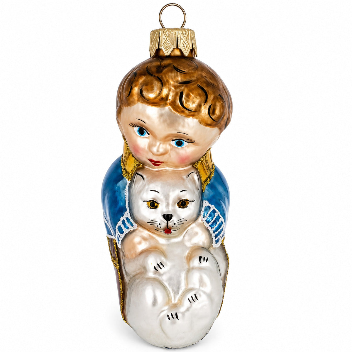 Boy Hugging White Cat Glass Christmas Ornament