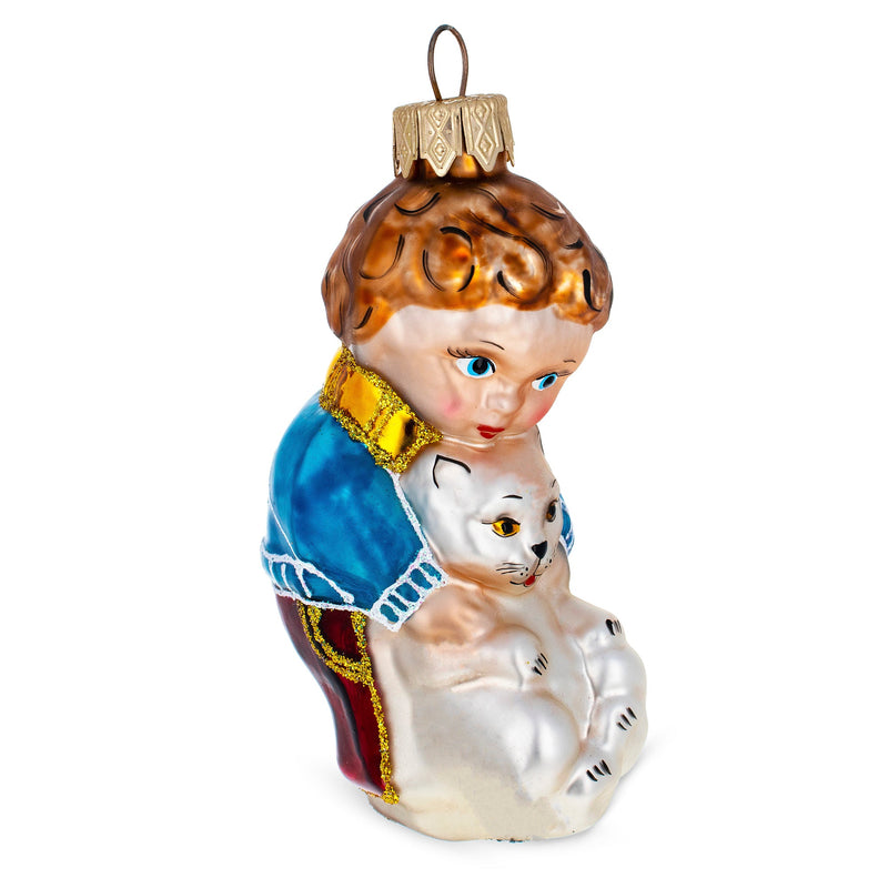 Boy Hugging White Cat Glass Christmas Ornament