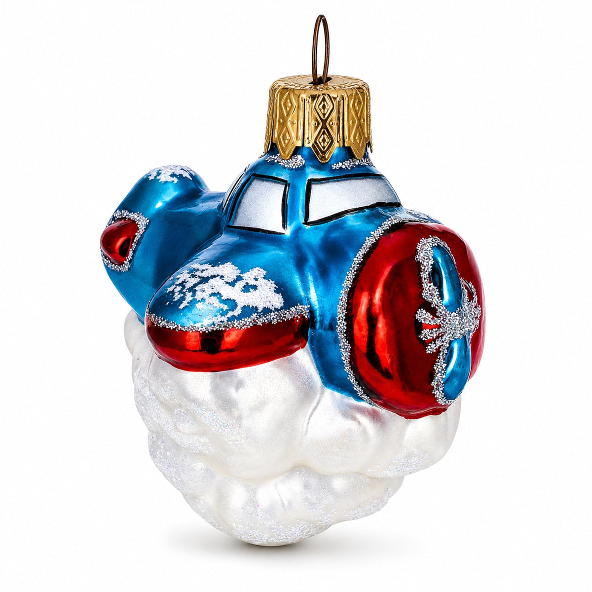 Tractor Style Aircraft Flying Above Clouds Mini Glass Christmas Ornament