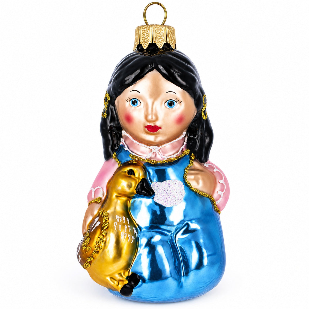 Girl Hugging Yellow Duck Glass Christmas Ornament