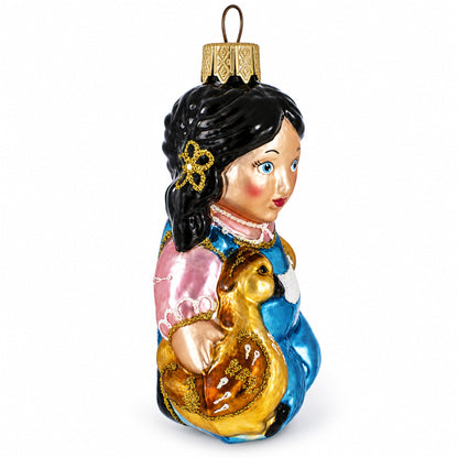 Girl Hugging Yellow Duck Glass Christmas Ornament