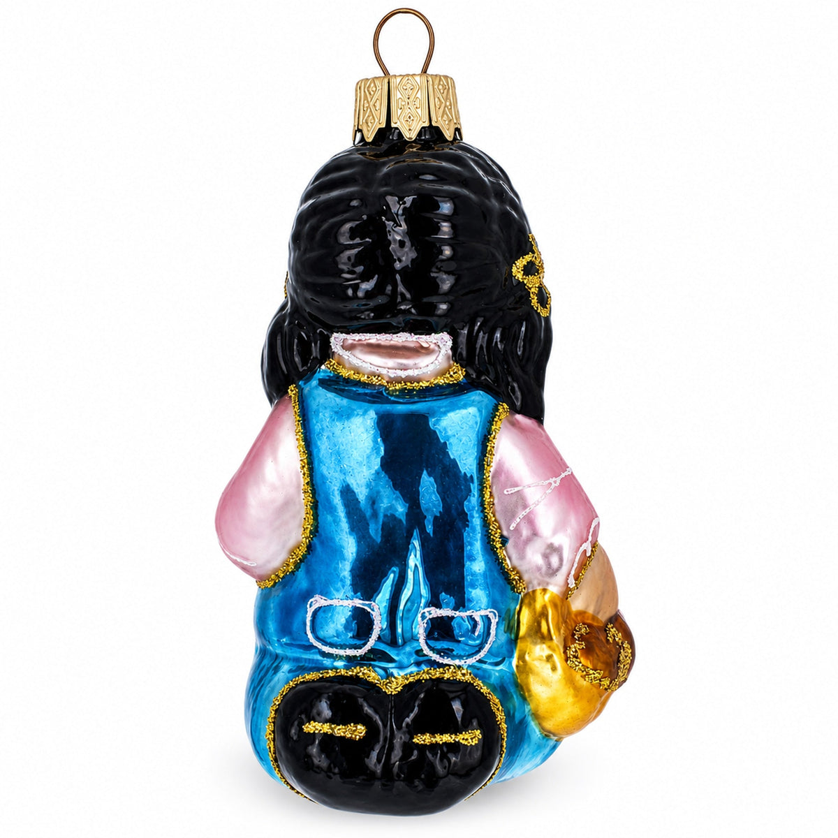 Girl Hugging Yellow Duck Glass Christmas Ornament