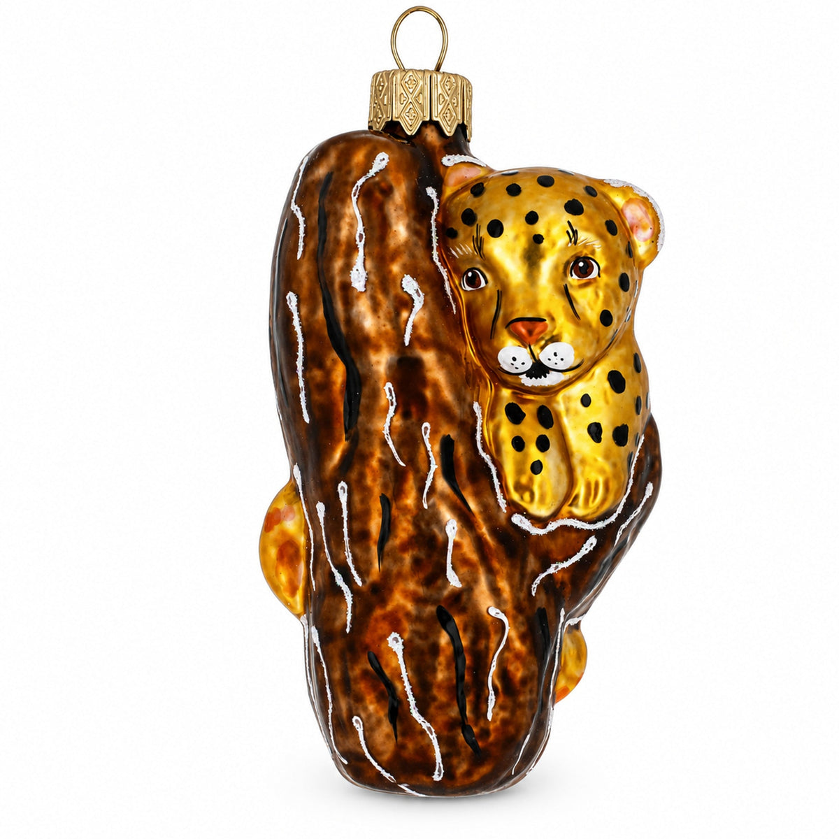 Spotted Leopard Cub Climbing Tree Glass Christmas Ornament