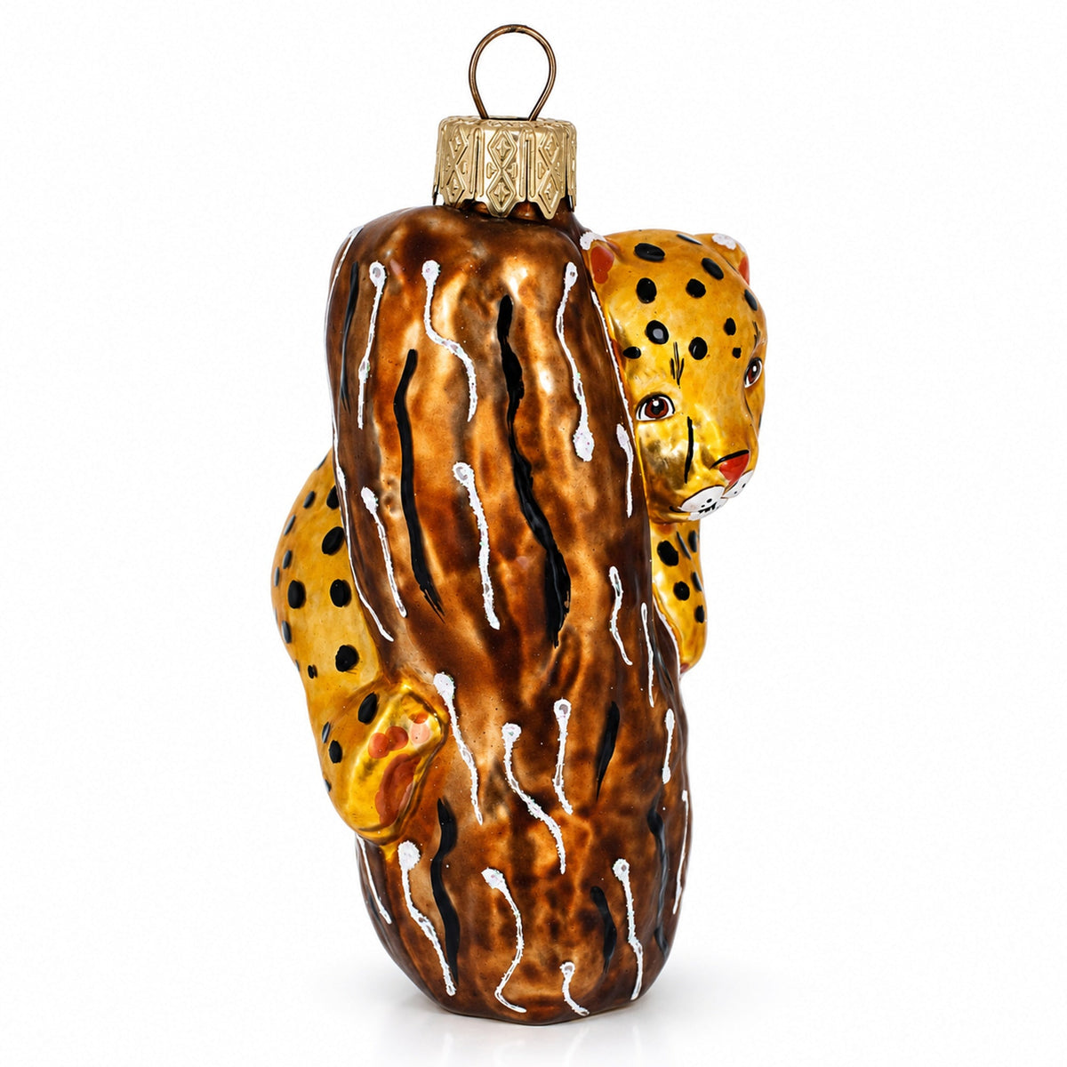 Spotted Leopard Cub Climbing Tree Glass Christmas Ornament