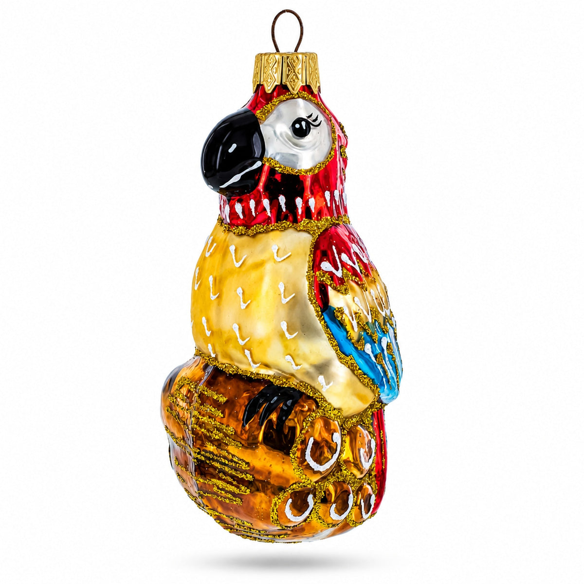 Vibrant Pirate Parrot Sitting on Barrel Stack Glass Christmas Ornament