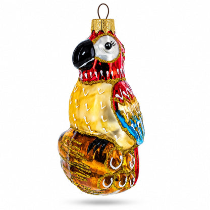 Vibrant Pirate Parrot Sitting on Barrel Stack Glass Christmas Ornament