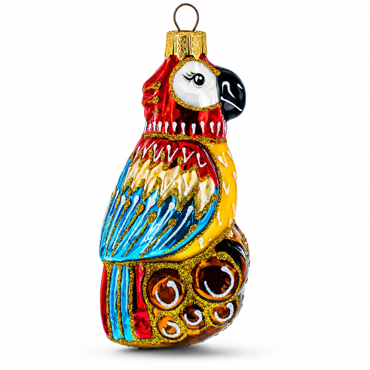 Vibrant Pirate Parrot Sitting on Barrel Stack Glass Christmas Ornament