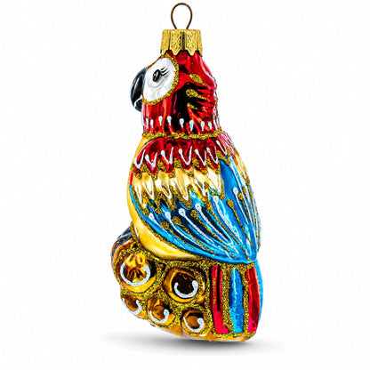 Vibrant Pirate Parrot Sitting on Barrel Stack Glass Christmas Ornament