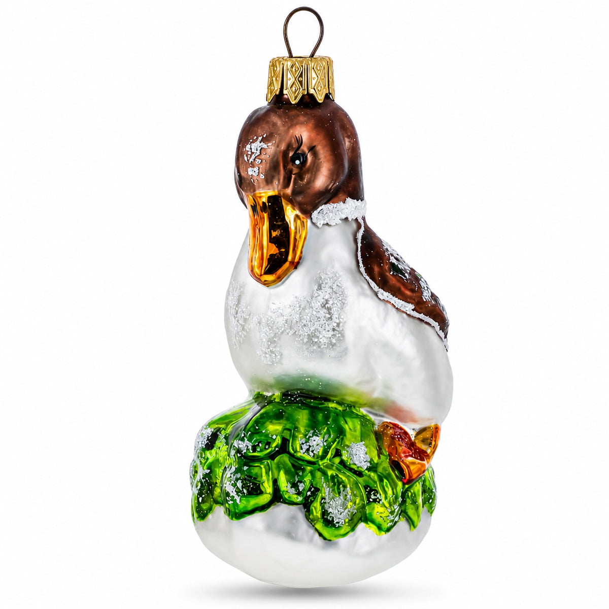 Brown Headed Duck on Grass Glass Christmas Ornament