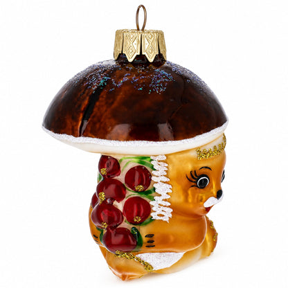 Squirrel Under Mushroom Glass Christmas Ornament