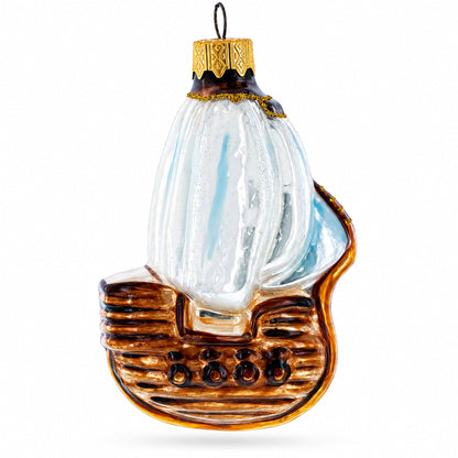 Wooden Sailboat with Billowing White Sails Glass Christmas Ornament