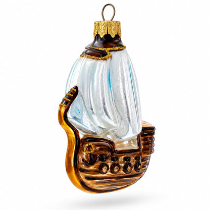 Wooden Sailboat with Billowing White Sails Glass Christmas Ornament