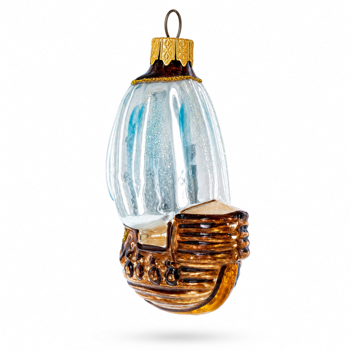 Wooden Sailboat with Billowing White Sails Glass Christmas Ornament