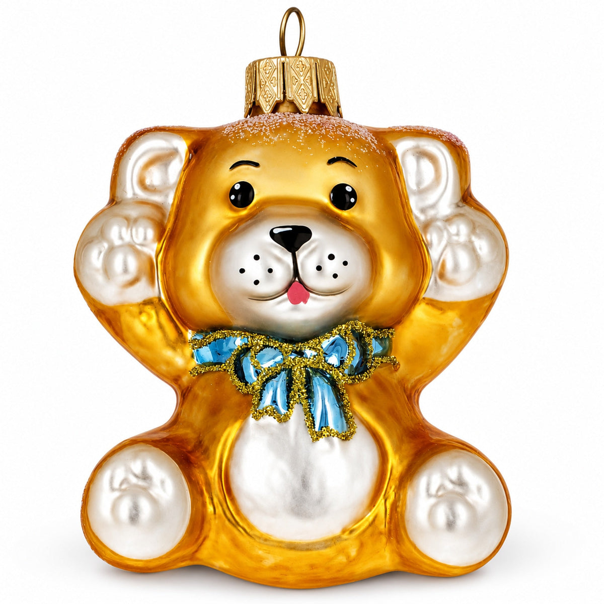Golden Bear with Blue Bow and Raised Paws Glass Christmas Ornament