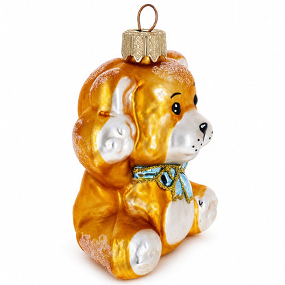 Golden Bear with Blue Bow and Raised Paws Glass Christmas Ornament
