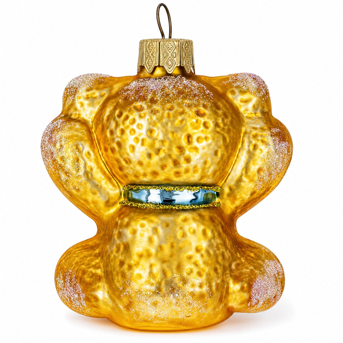 Golden Bear with Blue Bow and Raised Paws Glass Christmas Ornament