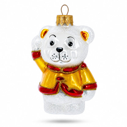 Polar Bear Cub Waving Glass Christmas Ornament