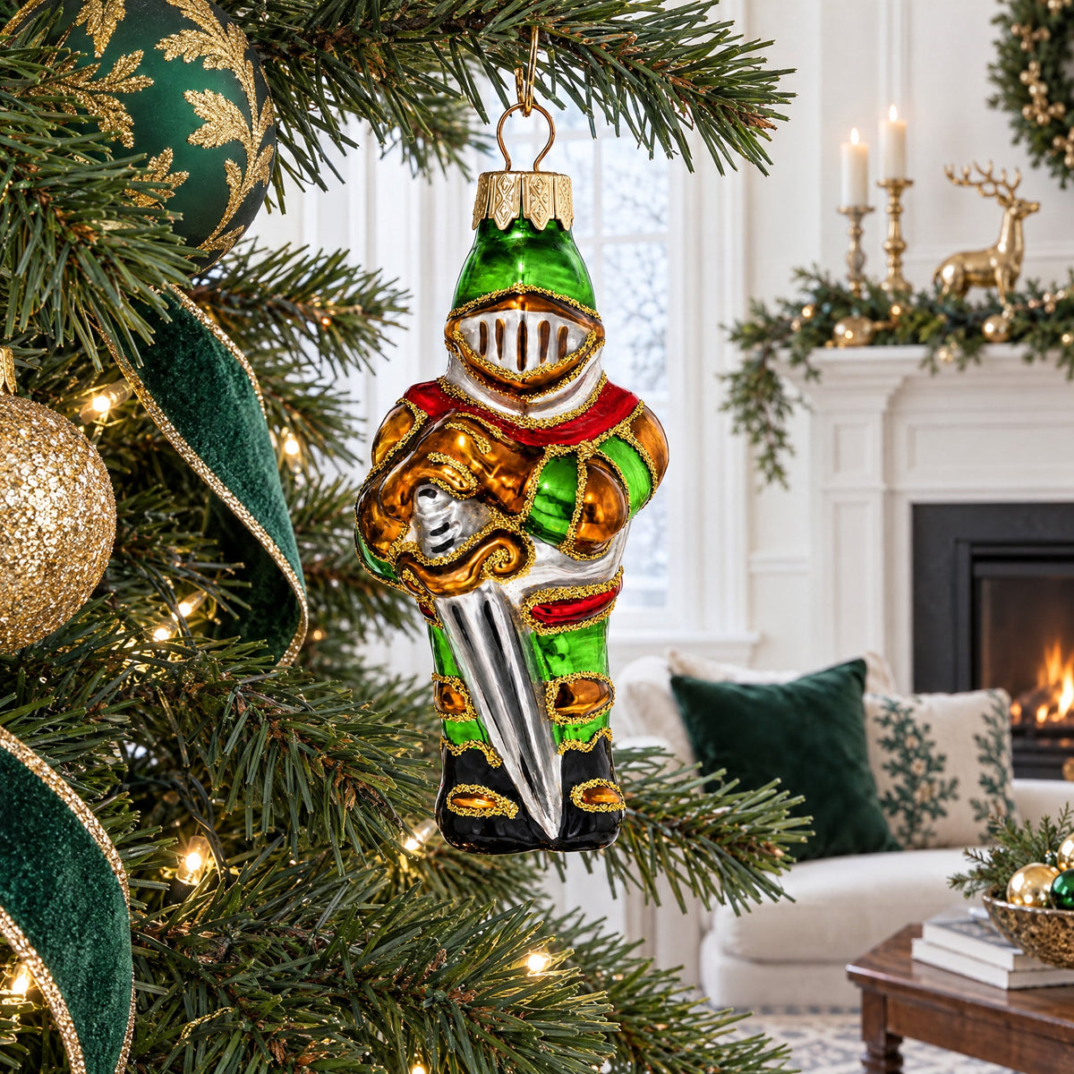Medieval Armored Knight in Full Plate Glass Christmas Ornament