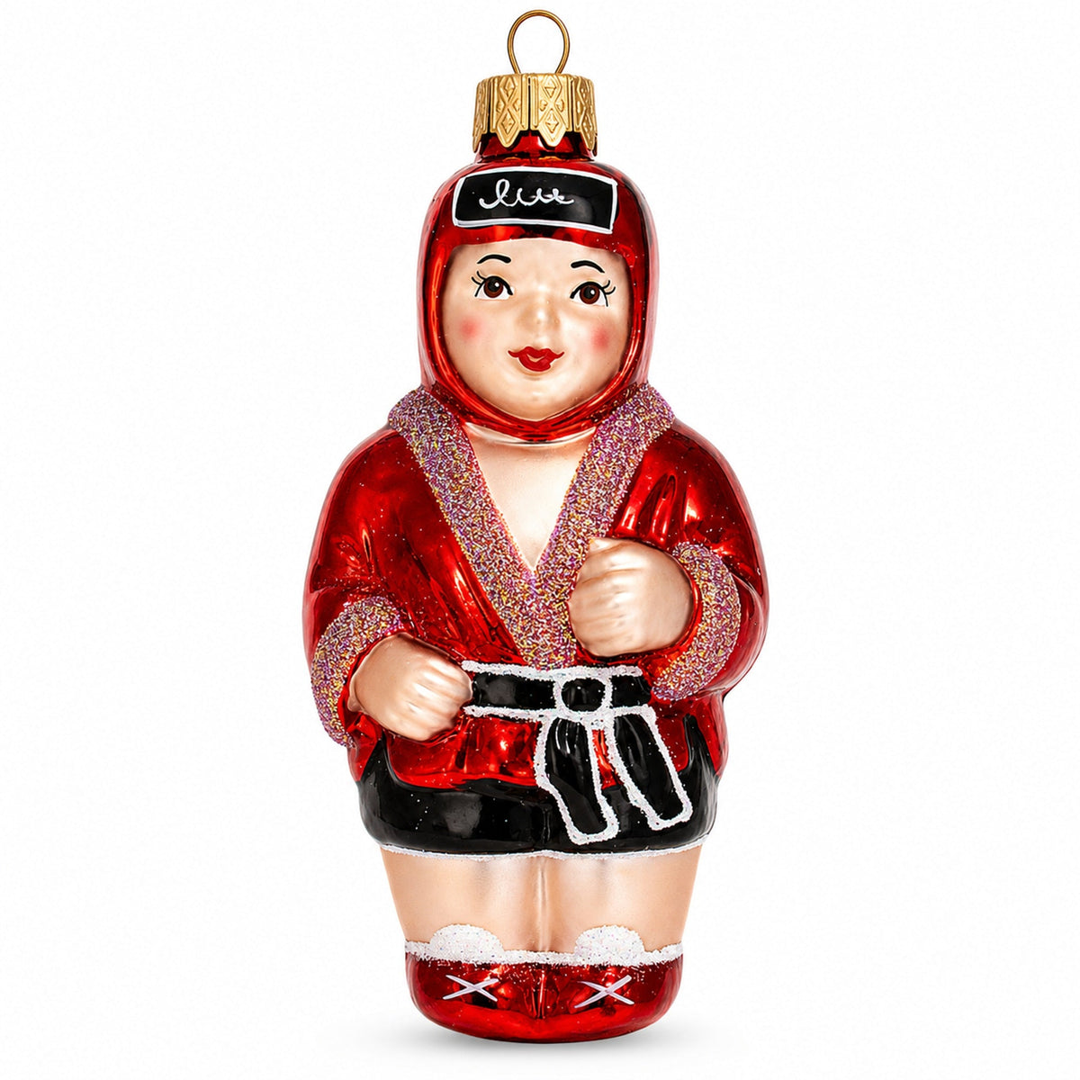 Martial Arts Wrestler in Red Costume Glass Christmas Ornament