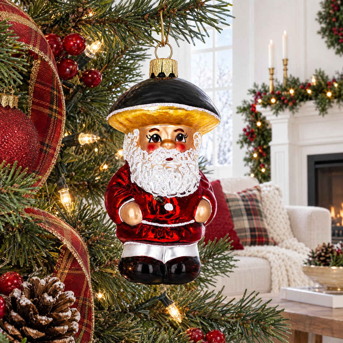 Santa in the Mushroom Hat Glass Christmas Ornament